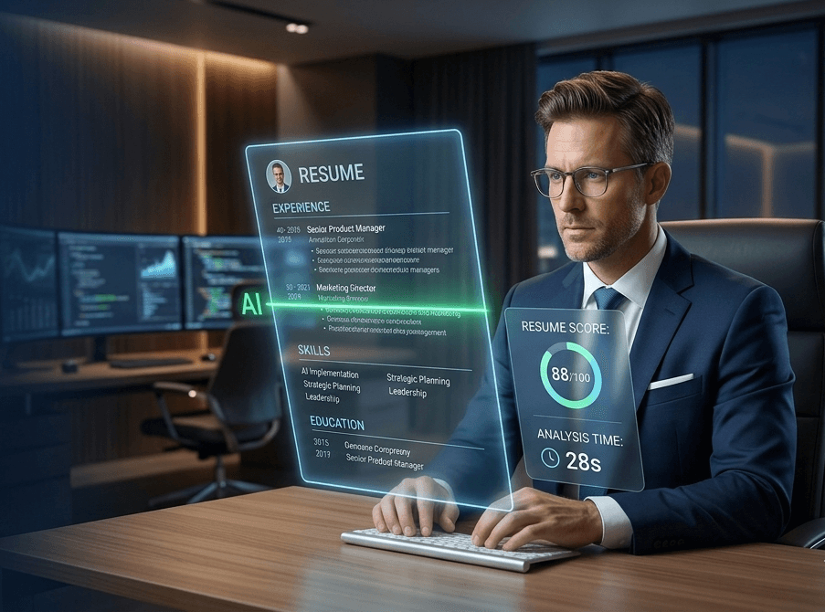 Professional reviewing AI-powered resume analysis results — get your resume scored in seconds